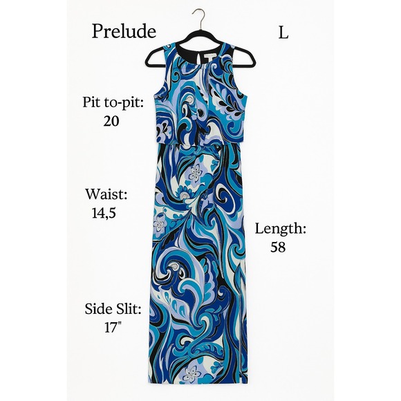 Prelude‎ Woman's Blue Psychedelic Print Sleeveless Maxi Dress L Retro Mod Vibes - Picture 1 of 8